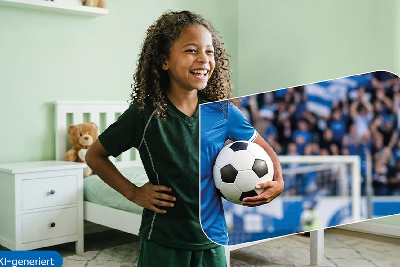 Mädchen steht in einem Kinderzimmer und hält Fußball in der Hand mit Fotomontage in ein Fußbnallstadion