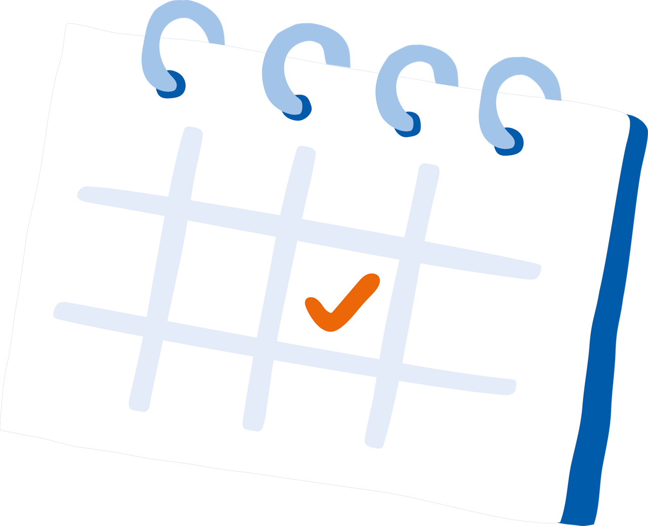 Das Bild zeigt eine Nahaufnahme eines Kalenderblattes, auf dem ein einzelnes Datum mit einem großen orangefarbenen Häkchen ma