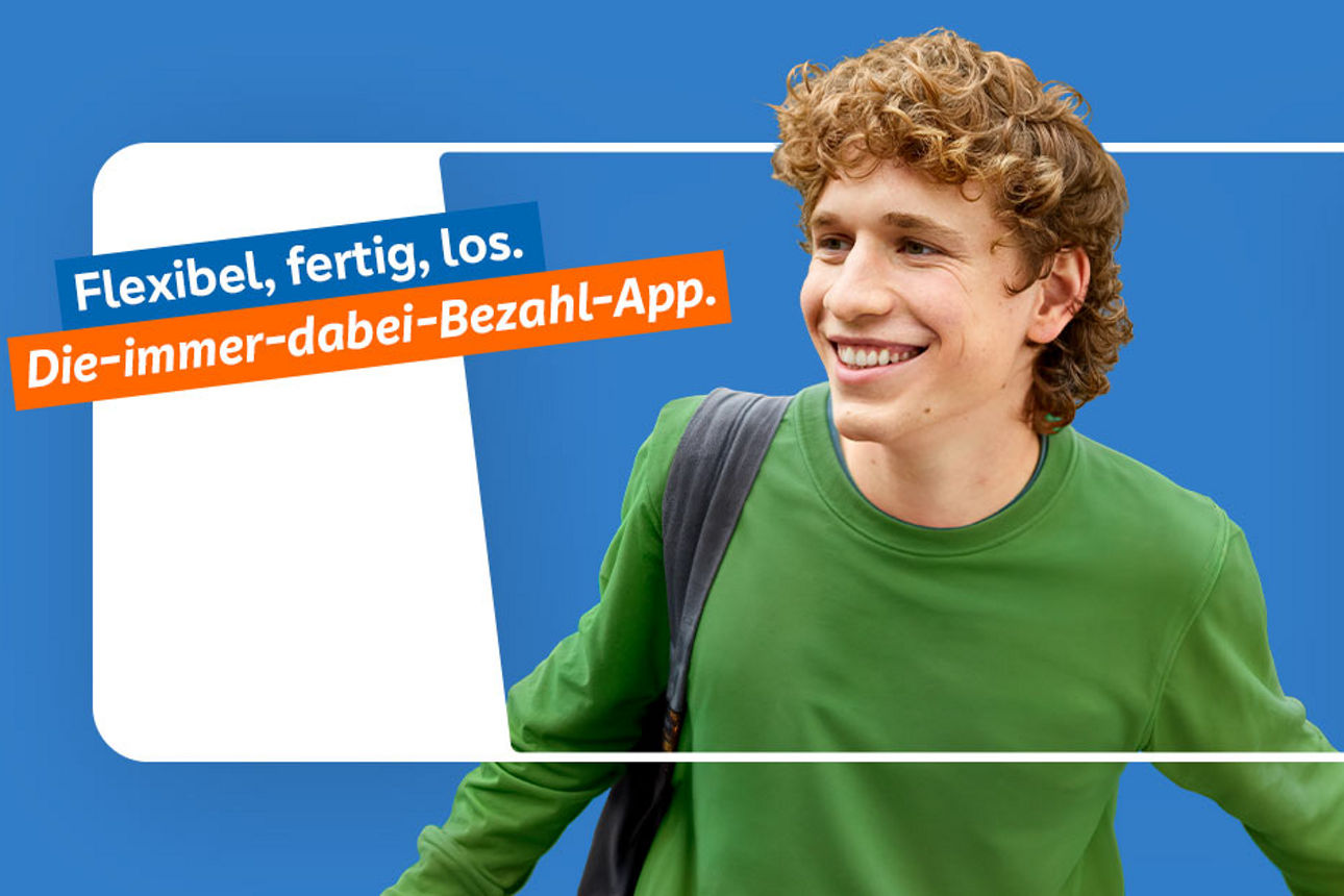 Junger Mann im grünen Pullover blickt lachend aus Handygrafik