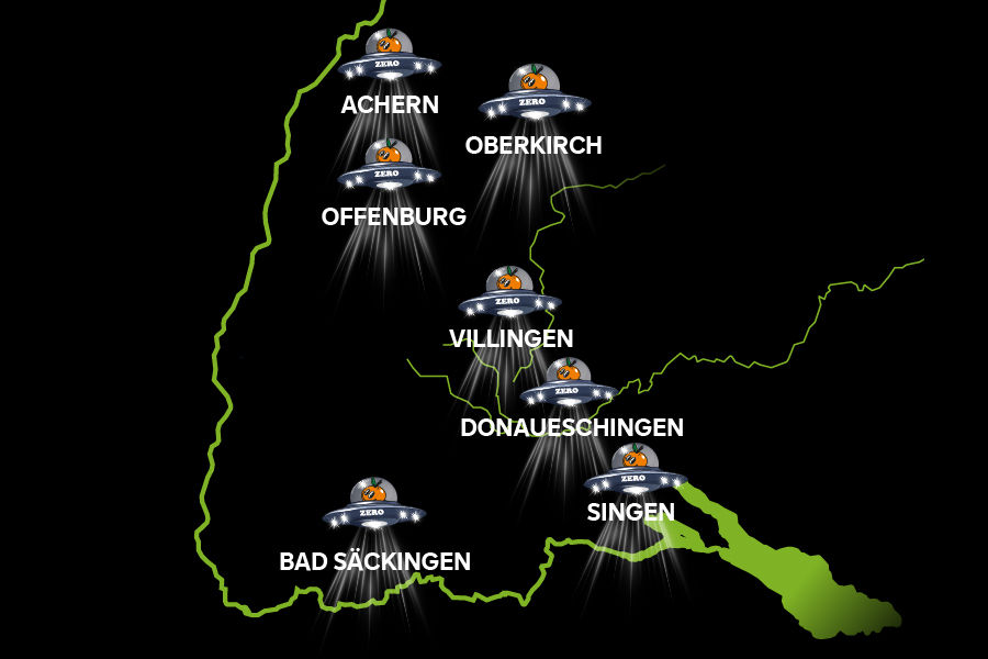 Karte mit den Standorten des Alienelixiers: Achern, Bad Säckingen, Donaueschingen, Oberkirch, Offenburg, Singen und Villingen