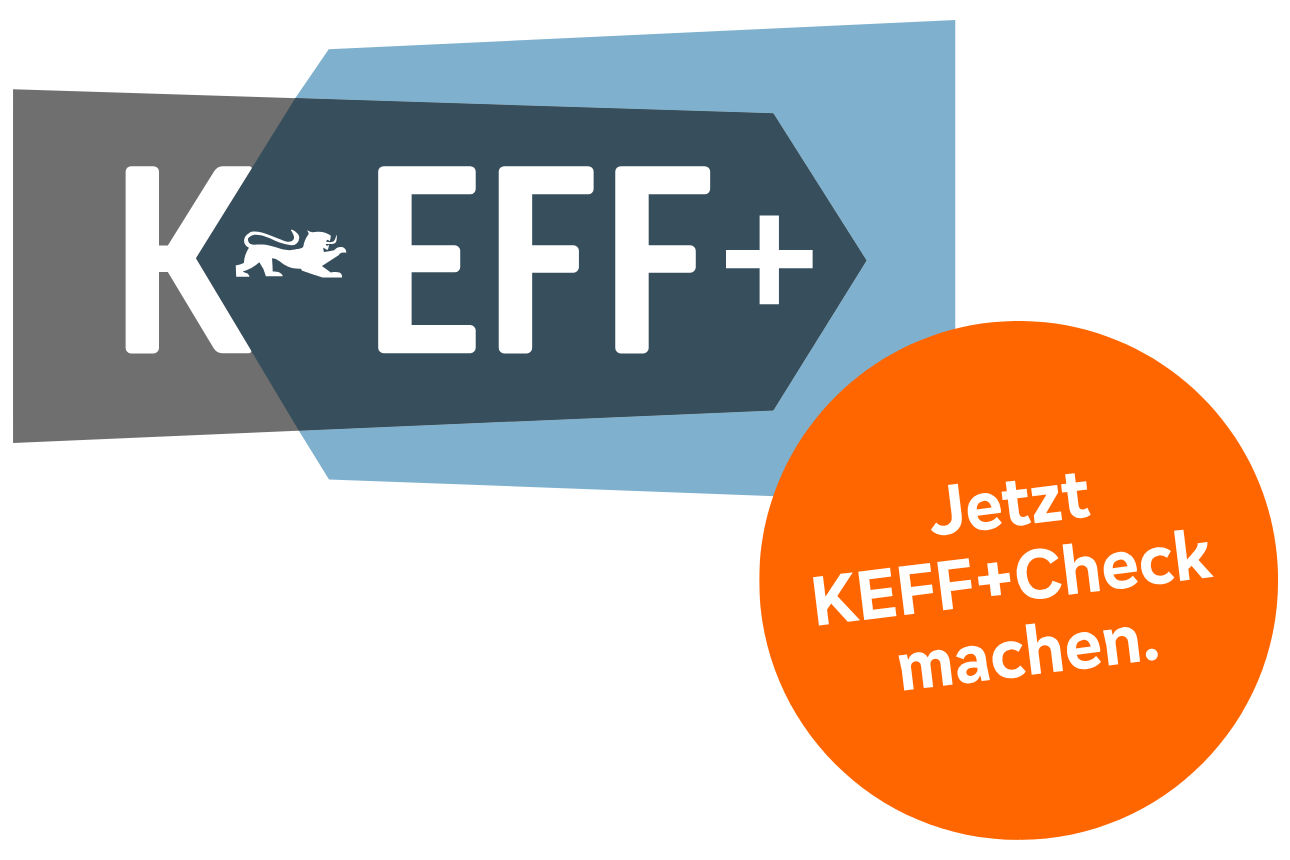 KEFF+ Logo mit Hinweis „Jetzt KEFF+Check machen“ und Text zu Ressourceneffizienz