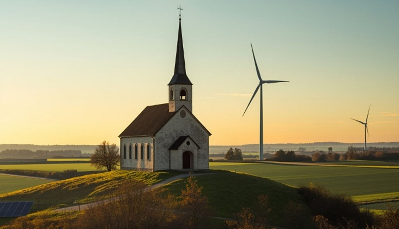 Eine Kirche steht auf einem Hügel und im Hintergrund sieht man grüne Wiesen und Windräder
