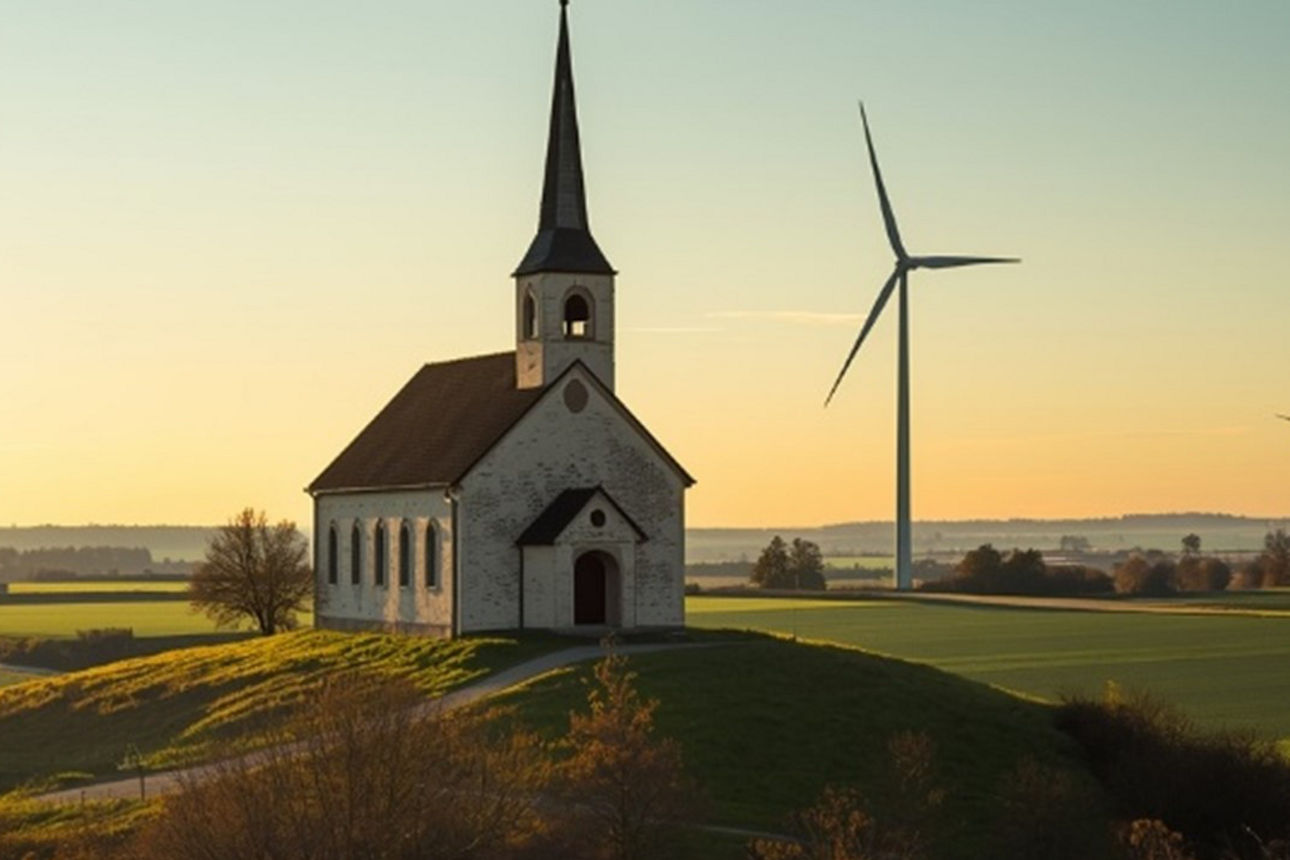 KI generiertes Bild von einer Kirche auf einen Hügel mit Windrädern und Wiesen im Hintergrund.
