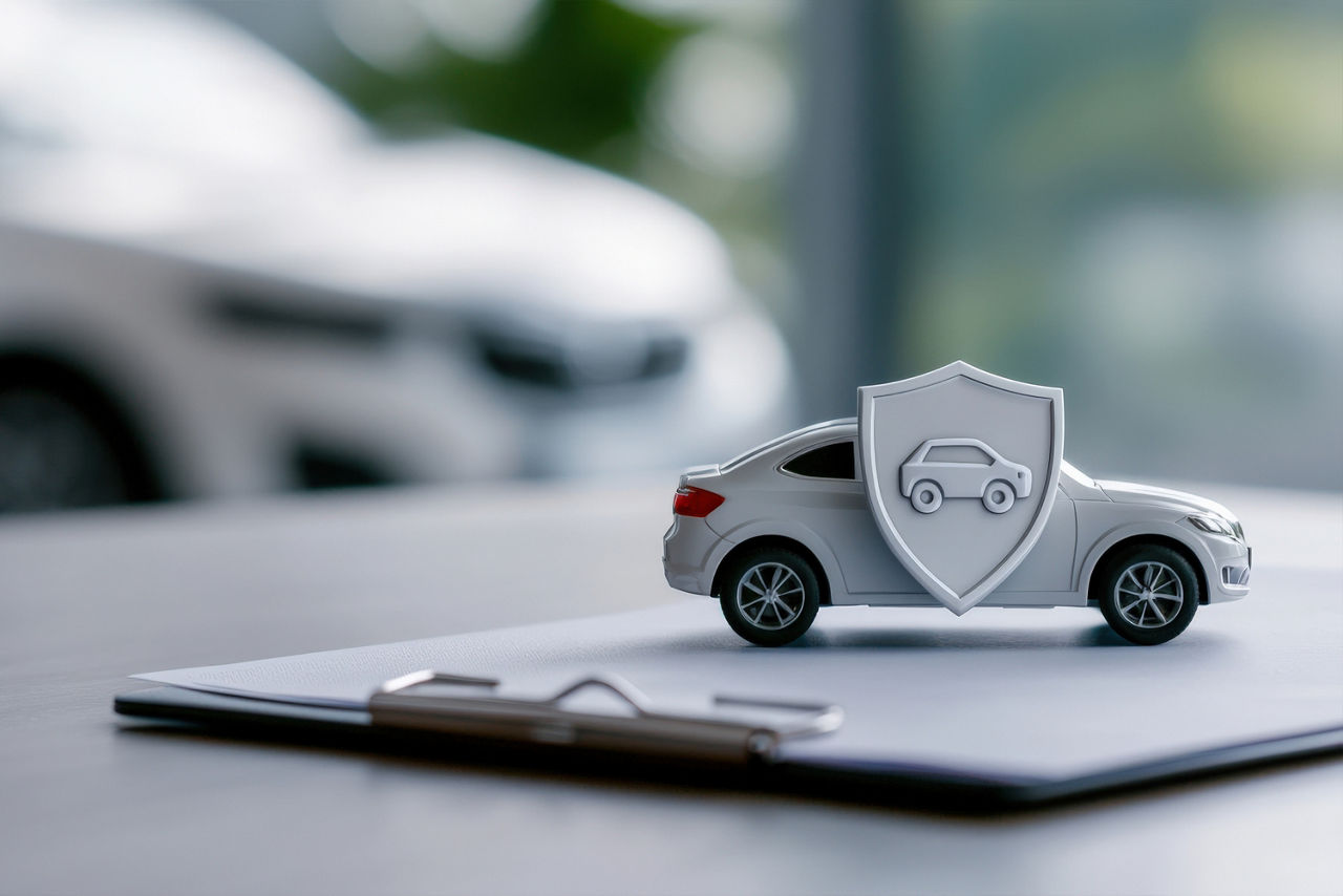 ein silbernes Modellauto steht auf einem Klemmbrett mit Schutzschild-Symbol, unscharfes Auto im Hintergrund, Konzept für Versicherung und Sicherheit im Verkehr
