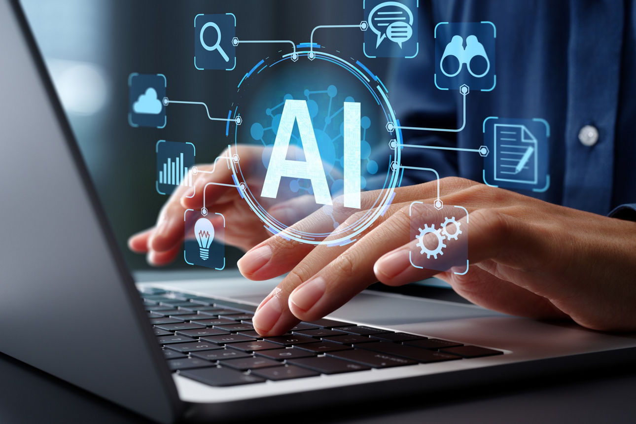 Generative AI supporting business processes with intelligent automation technology. Artificial intelligence analyzing data and generating reports. Businessman using laptop computer to give instructions to AI at desk in office.