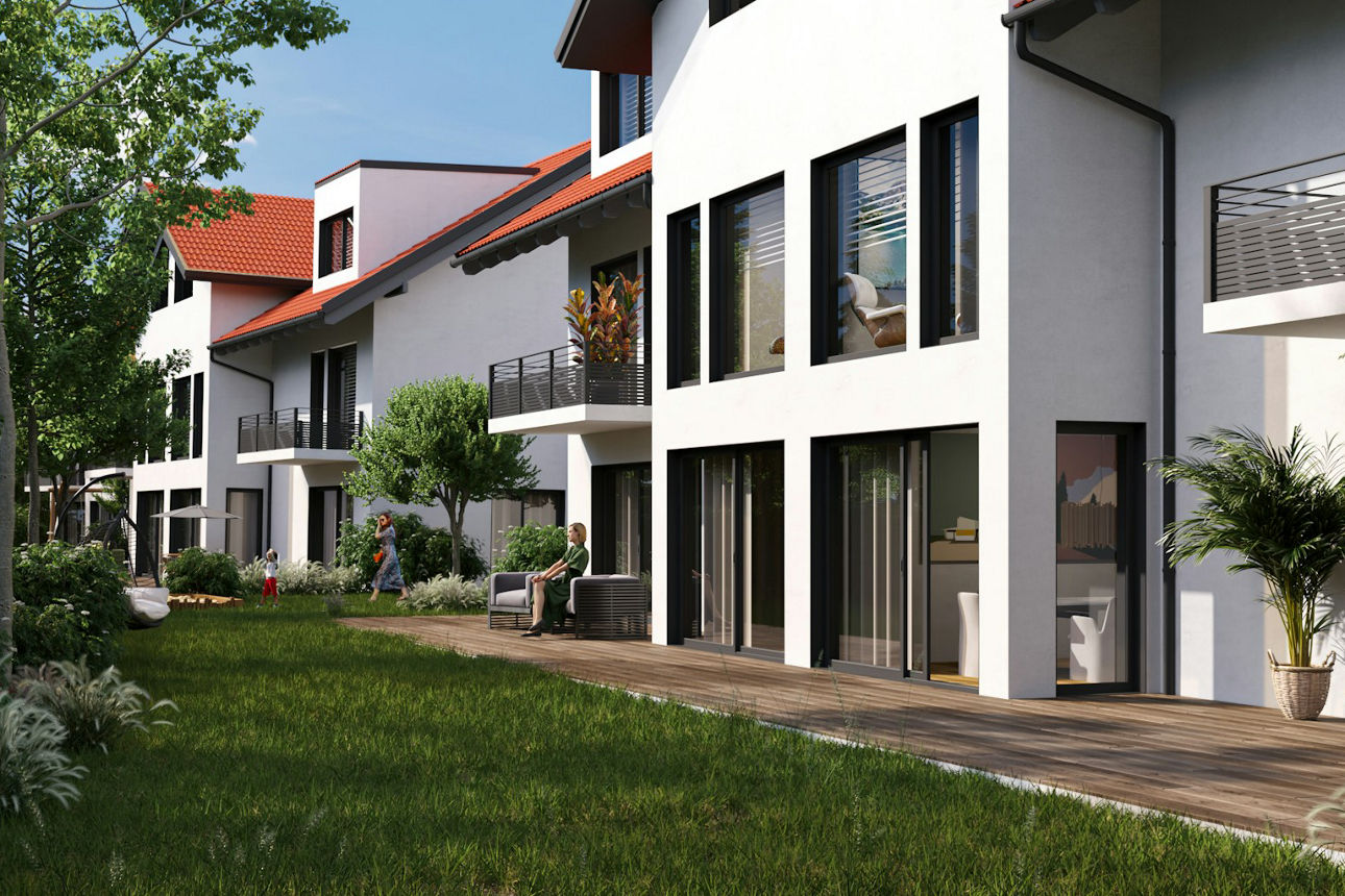 Abbildung moderne Wohnsiedlung mit Garten