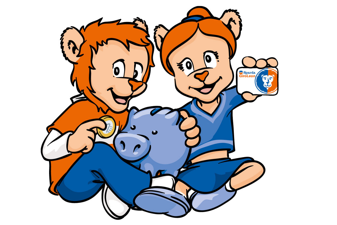 Comicstil: Löwen-Junge u. -Mädchen halten ein Sparschwein und zeigen Bankkarte