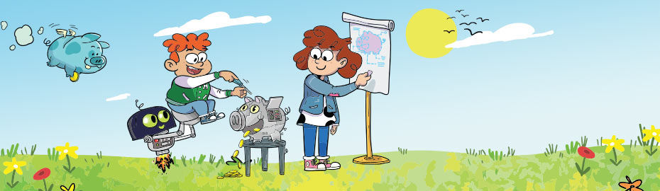 Eine Cartoon-Illustration von einem sonnigen Tag mit einem strahlend blauen Himmel und flauschigen weißen Wolken über einem g