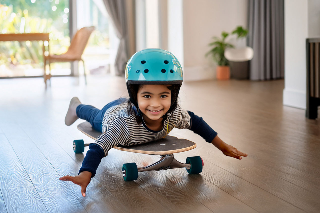 Mädchen liegt bäuchlings auf Skateboard, streckt Arme zur Seite und fährt mit Helm durch das Wohnzimmer