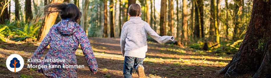 Zwei Kinder rennen vergnügt durch einen üppigen grünen Wald, umgeben von hohen Bäumen und gedämpftem Sonnenlicht. 