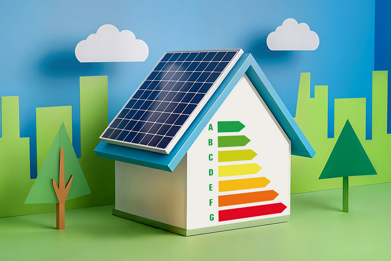Abbildung von einen kleinen grafischen Haus mit den Energie-Effizienz-Klassen.