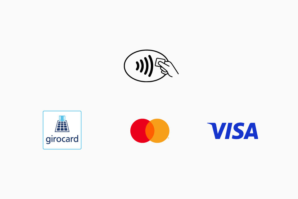 Kontaktlos-Symbol, girocard-Logo, Mastercard-Logo und Visa-Logo