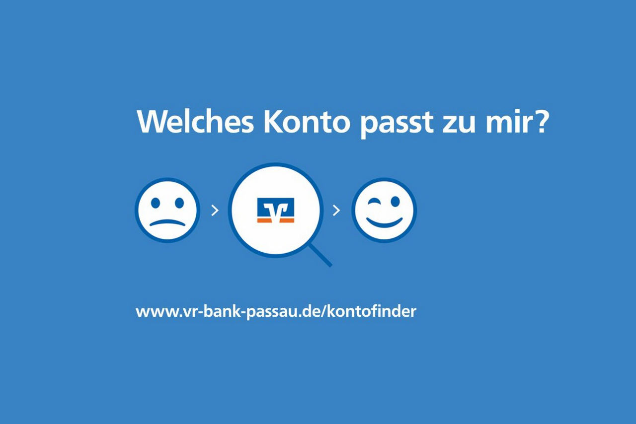 Zwei Smileys und eine Lupe mit VR Bank Logo auf blauem Hintergrund