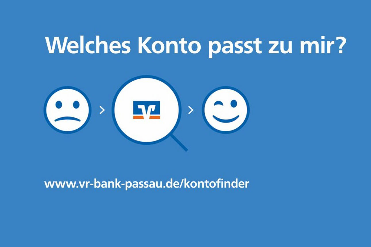 Zwei Smileys und eine Lupe mit VR Bank Logo auf blauem Hintergrund