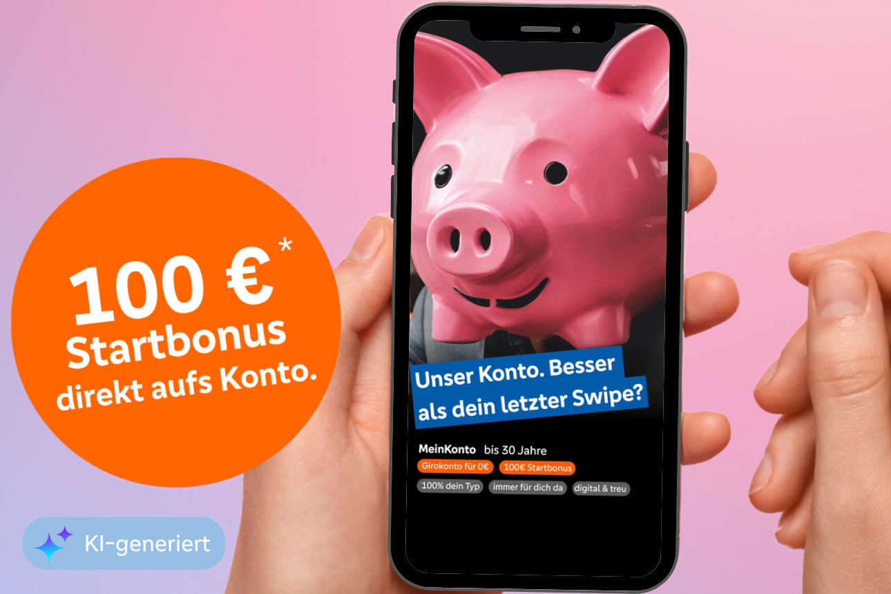 Smartphone mit Sparschwein‑Motiv, Hinweis „100 € Startbonus direkt aufs Konto.