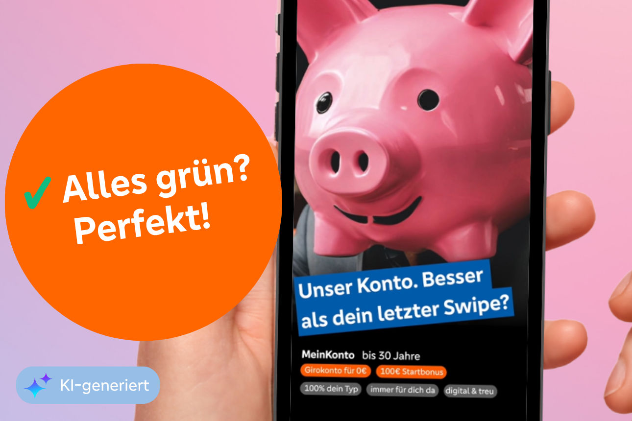 Smartphone zeigt Person mit rosa Sparschwein-Maske und Werbetext für ein Girokonto mit Startbonus.