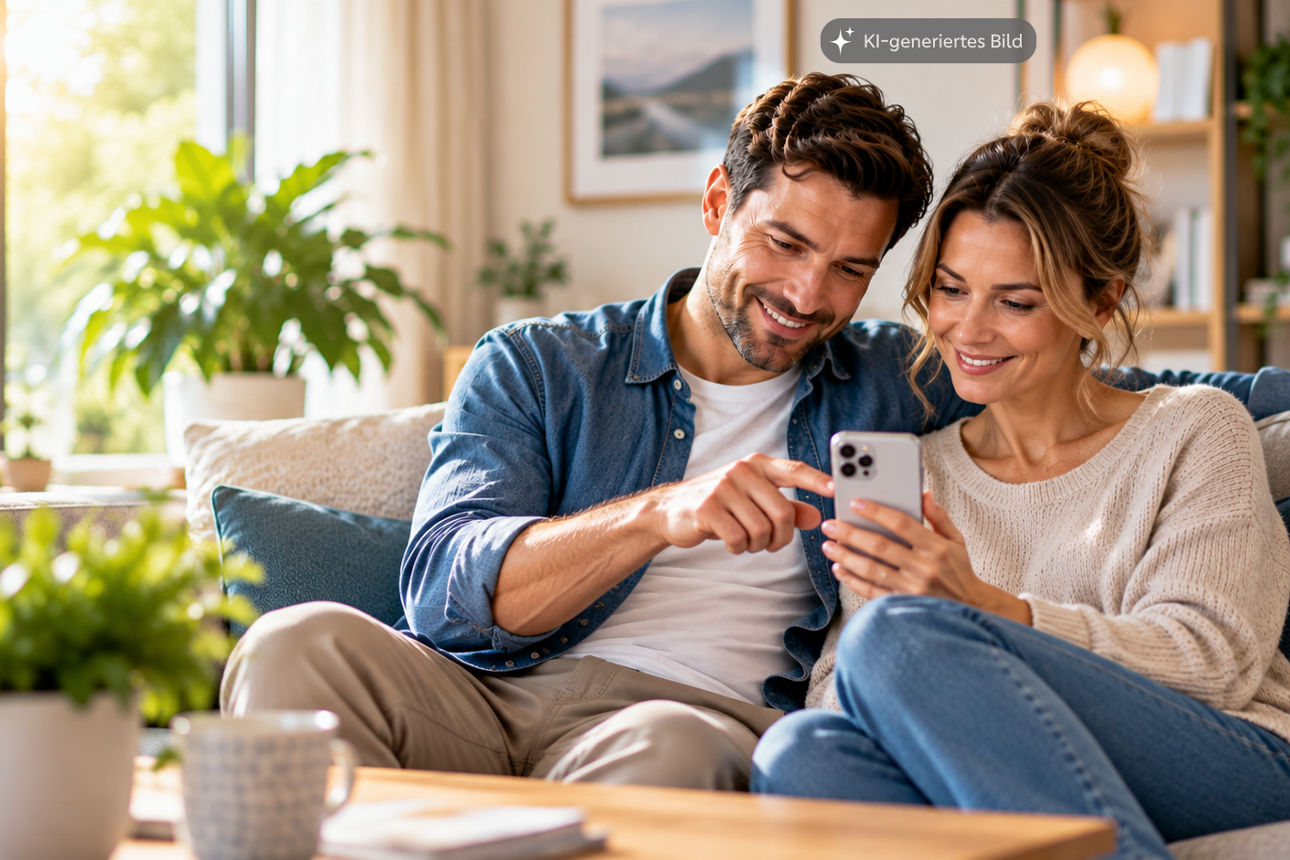 Paar sitzt auf dem Sofa und schaut gemeinsam auf ein Smartphone.