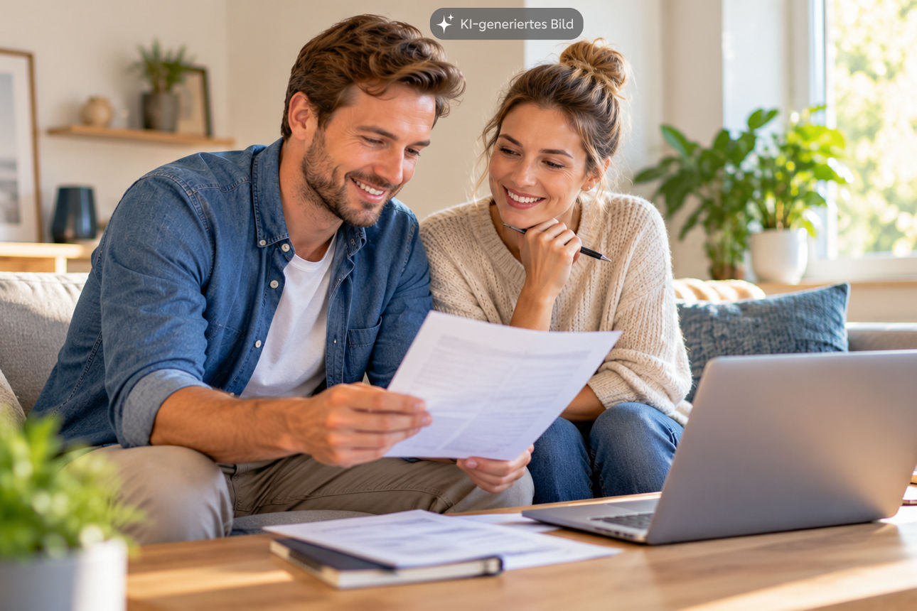 Paar bespricht zu Hause gemeinsam Unterlagen für eine Finanzierung.