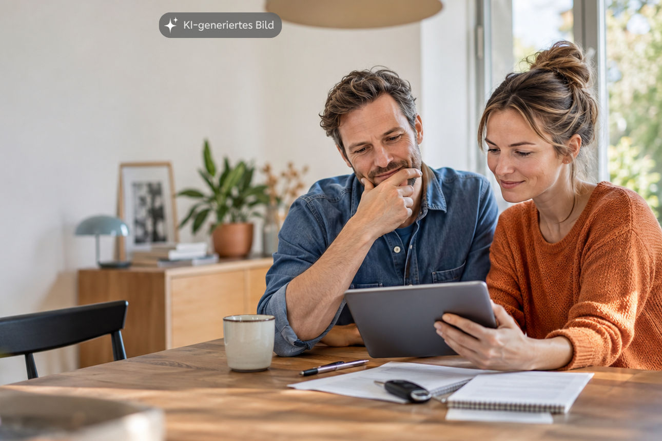 Paar vergleicht gemeinsam Finanzierungsmöglichkeiten auf einem Tablet.