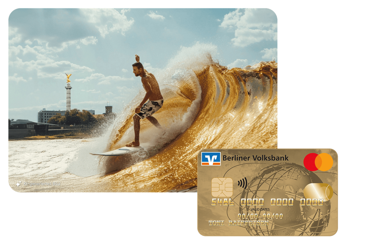 Das KI-generierte Bild zeigt einen jungen Mann, der auf einer goldenen Welle surft. Im Hintergrund die Siegessäule und Skyline von Berlin.