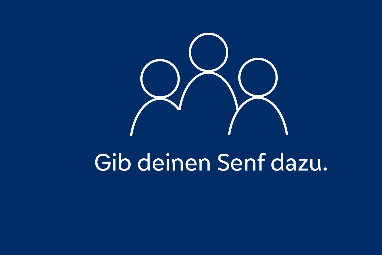 Weißes Symbol einer Menschengruppe auf einem blauen Hintergrund mit Aufruf "Gib deinen Senf dazu."