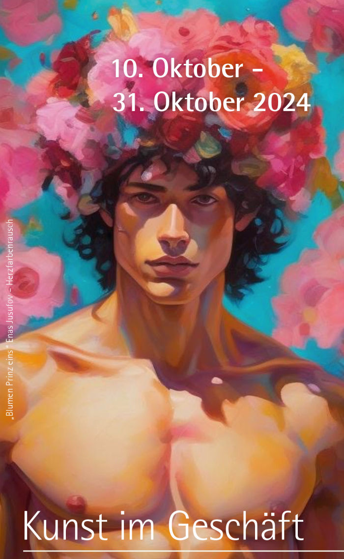 Titelbild vom Flyer Kunst im Geschäft. Gemälde eines jungen Mannes Oberkörperfrei mit Blumenschmuck auf dem Kopf