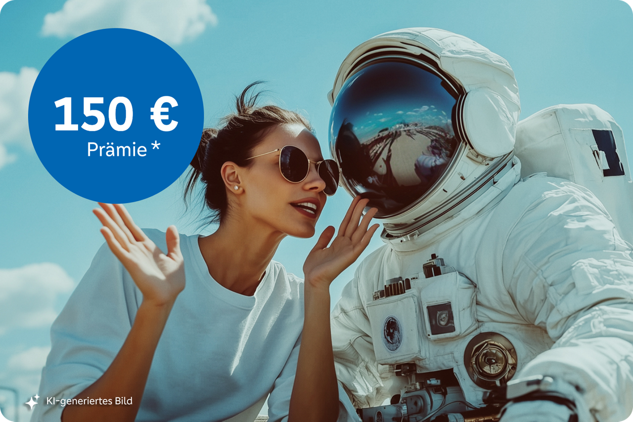 Auf dem KI-generierten Bild spricht eine junge Frau enthusiastisch mit einer Person in einem Astronautenanzug.