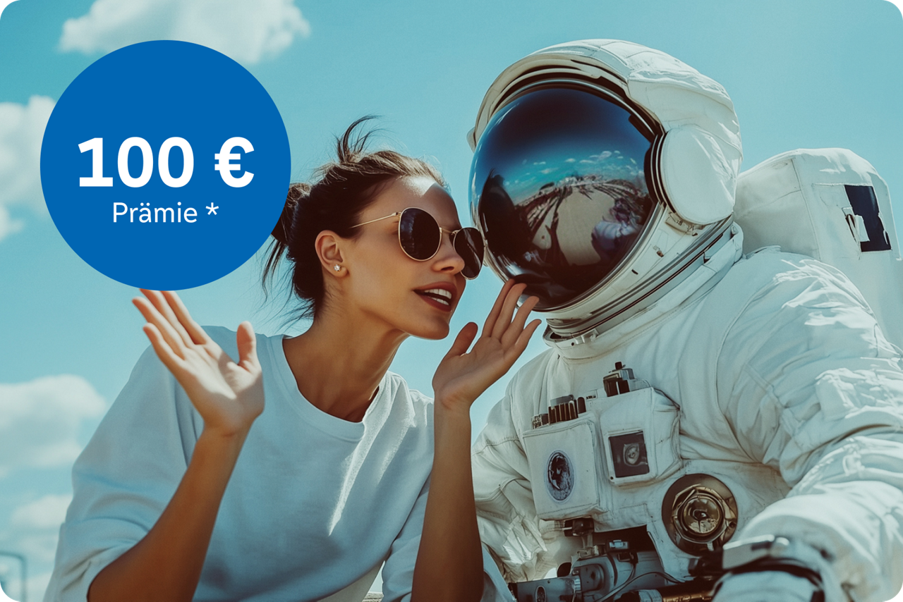 Auf dem KI-generierten Bild spricht eine junge Frau enthusiastisch mit einer Person in einem Astronautenanzug.