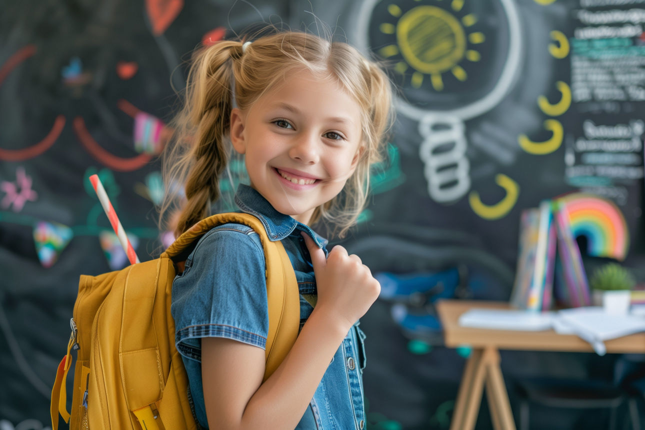 Mädchen mit langen Zöpfen und einer gelben Schultasche