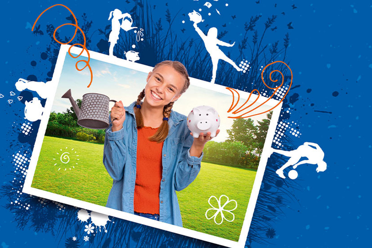 Abbildung eines Mädchens mit einer Gieskanne und einem Sparschwein in den Händen.