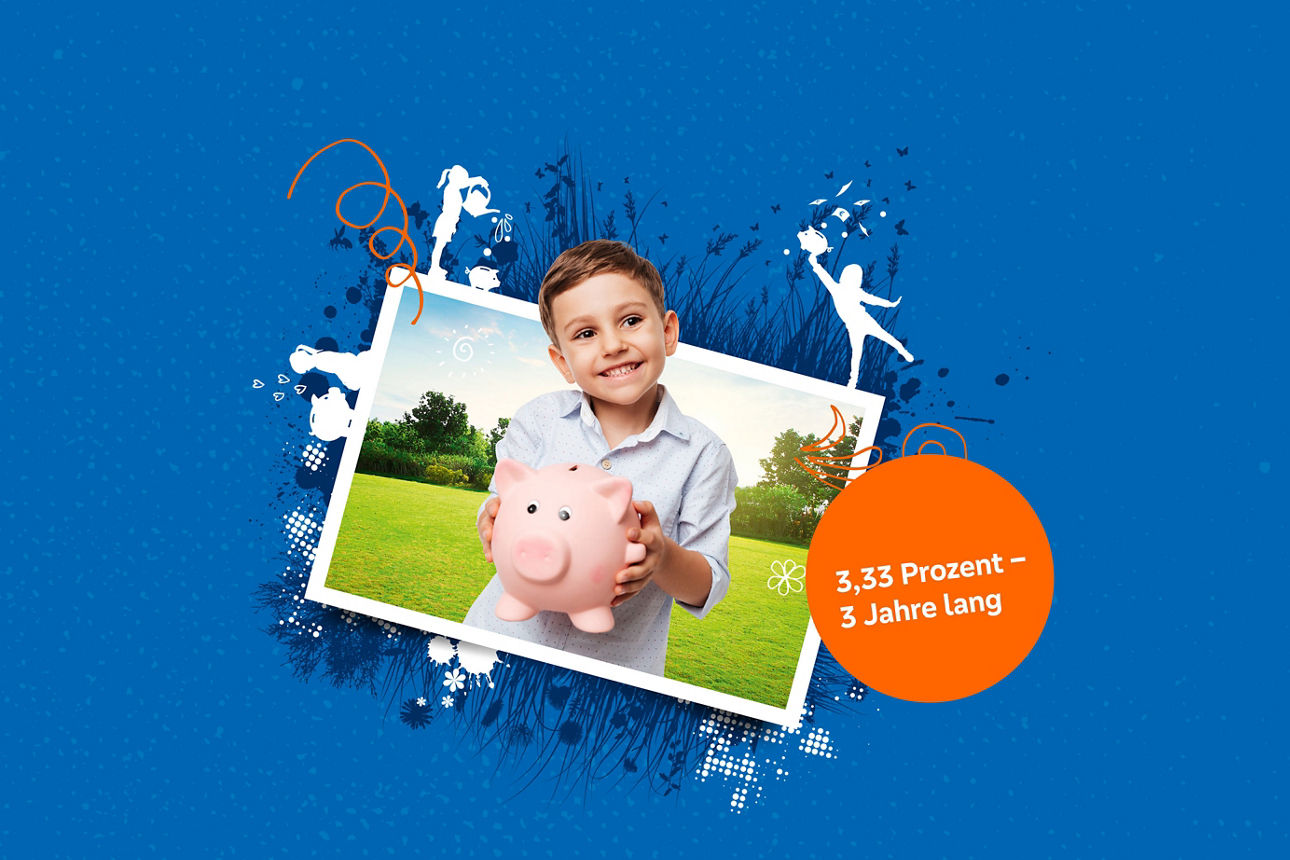 Abbildung eines Jungens mit einem Sparschwein in den Händen - Aufschrift 3,33 Prozent 3 Jahre lang