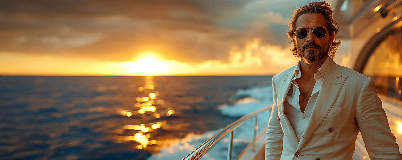 Mann mit Sonnebrille und weißem Anzug steht auf einer Jacht, die auf dem Meer fährt