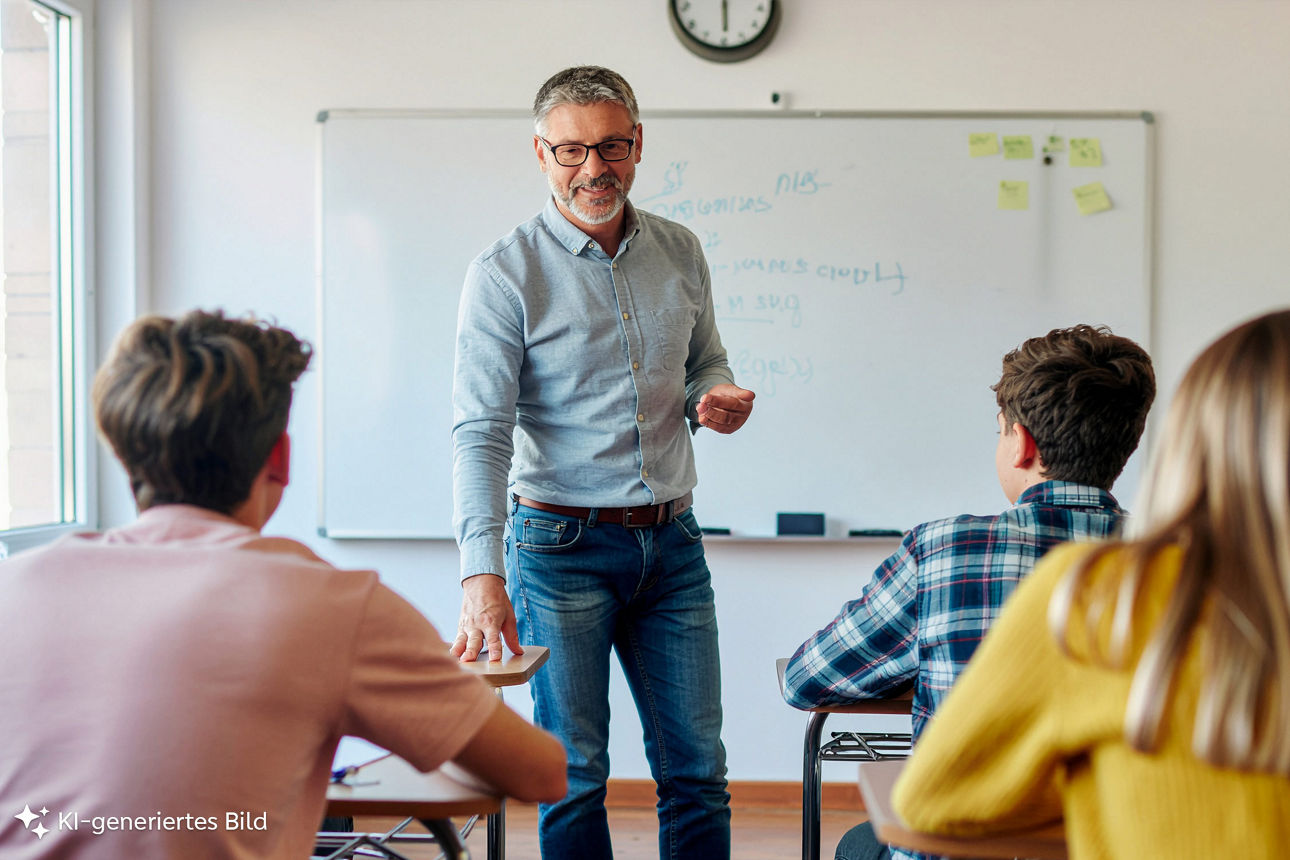 Ein Lehrer erklärt seinen Schülern ein Projekt