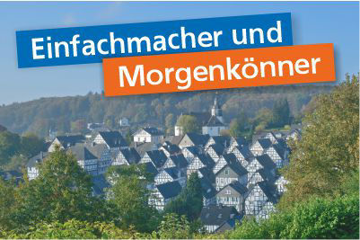 Landschaft mit Häuser, Aufschrift "Einfachmacher und Morgenkönner"