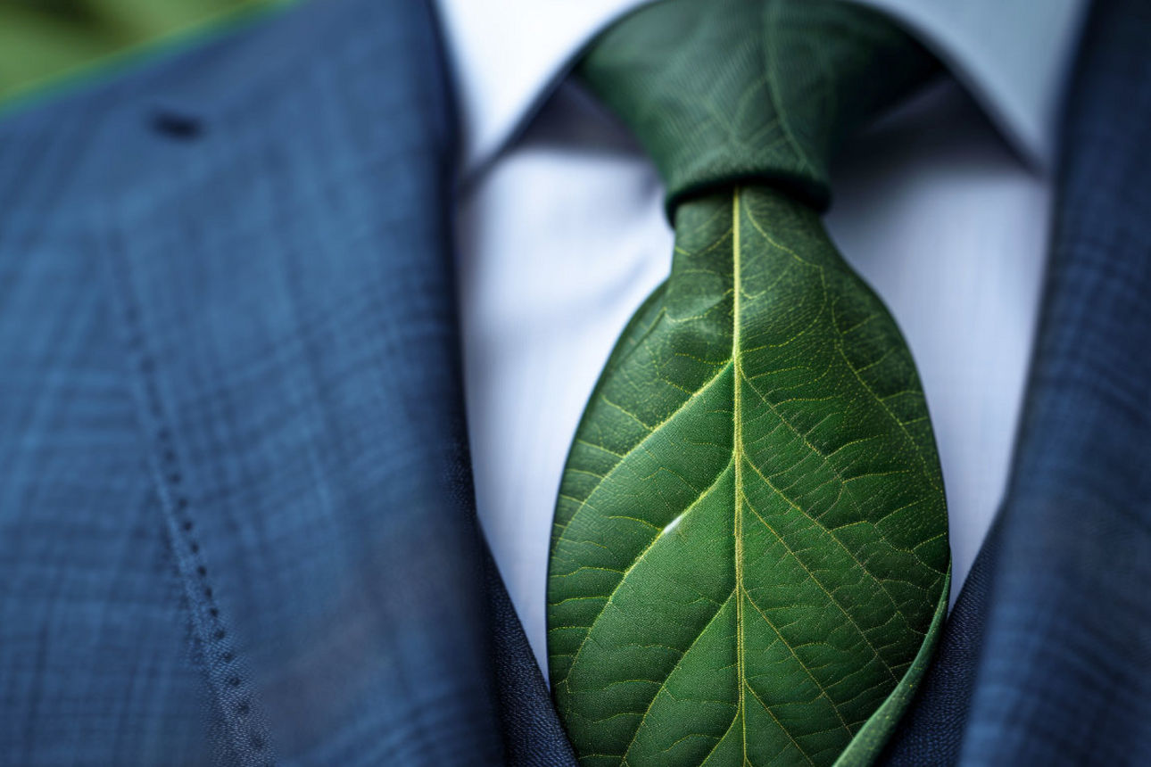 Bild von einem blauen Anzug mit einer grünen pflanzlichen Krawatte.
