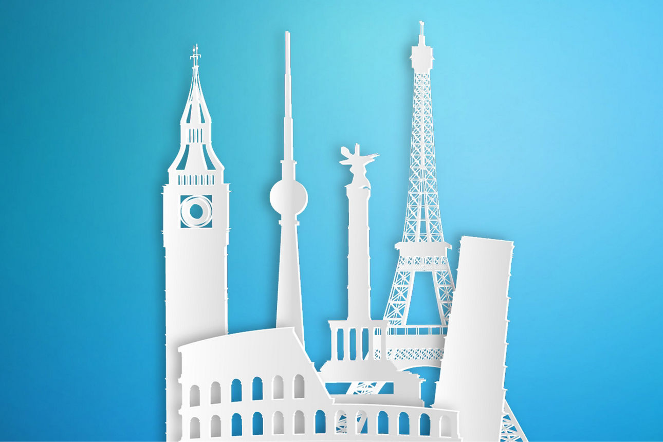 Weiße Zeichnung vom Eifelturm, Collosseum, schiefen Turm von Pisa, Fernsehturm Berlin und Big Ben vor blauem Hintergrund