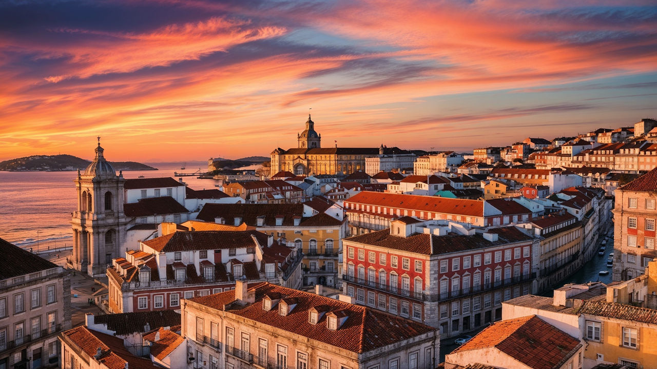 Lissabons Viertel am Rio Tejo bei Sonnenuntergang von oben