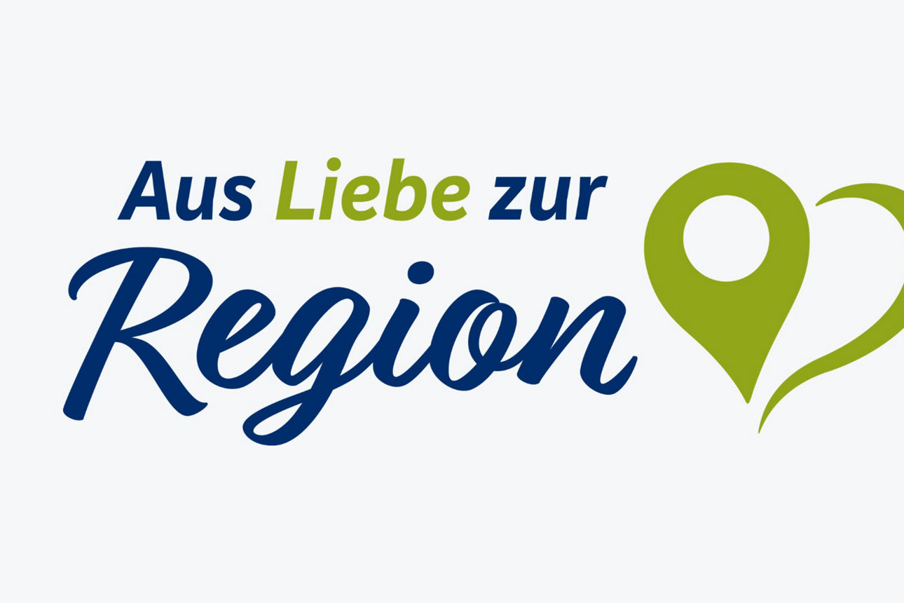 Logo der Spendenplattform aus Liebe zur Region mit Schriftzug und Signet aus einem Herz und einem Ortspin