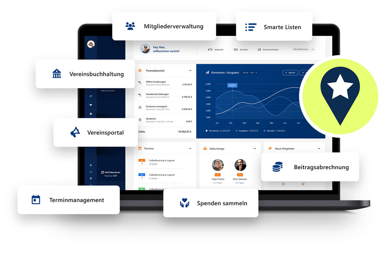 Notebook-Bildschirm mit einer Verreinsverwaltungssoftware