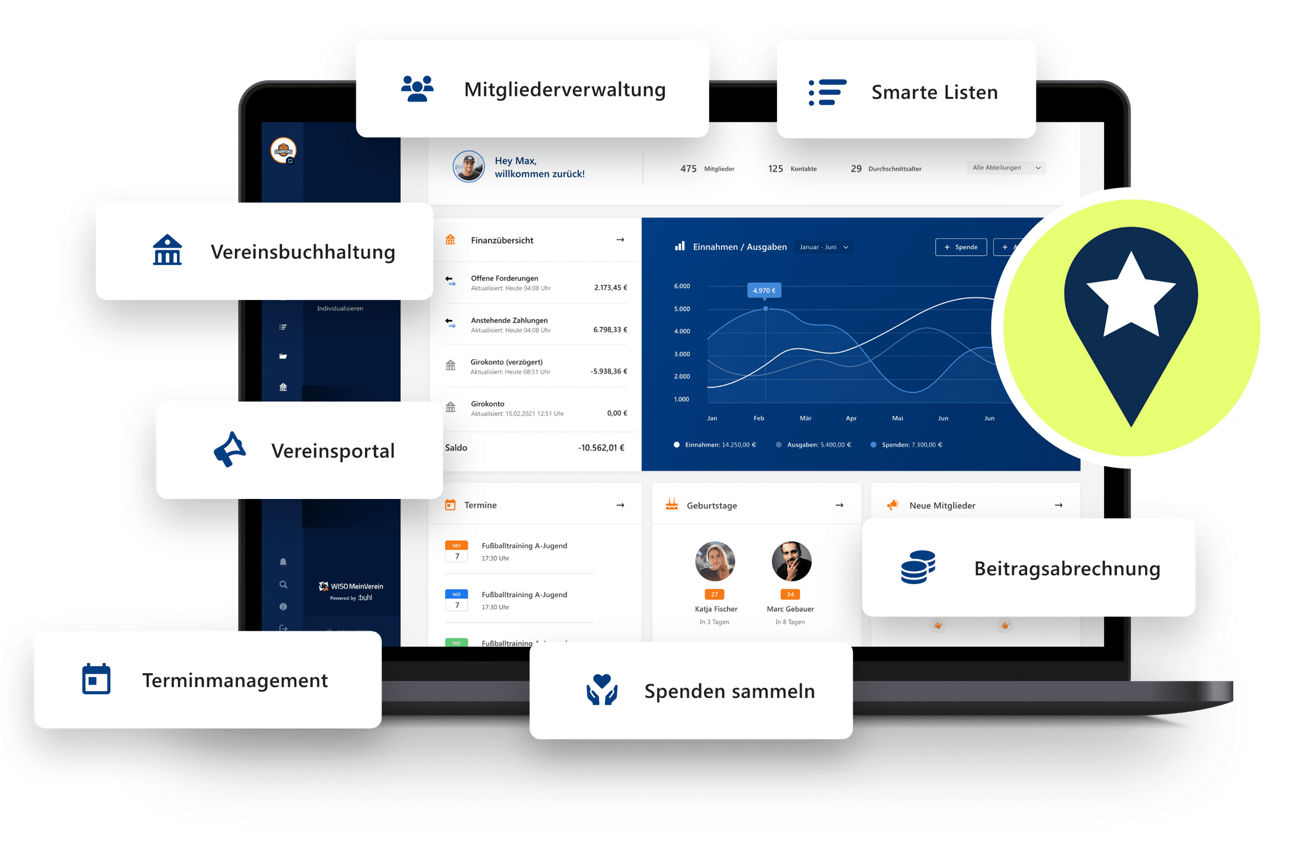 Notebook-Bildschirm mit einer Verreinsverwaltungssoftware