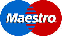 Das Bild zeigt das runde Maestro-Logo mit zwei sich überlappenden Kreisen in Blau und Rot, in deren Mitte der weiße Schriftzug „Maestro“ steht. Es symbolisiert eine internationale Debitkarte für bargeldloses Bezahlen.