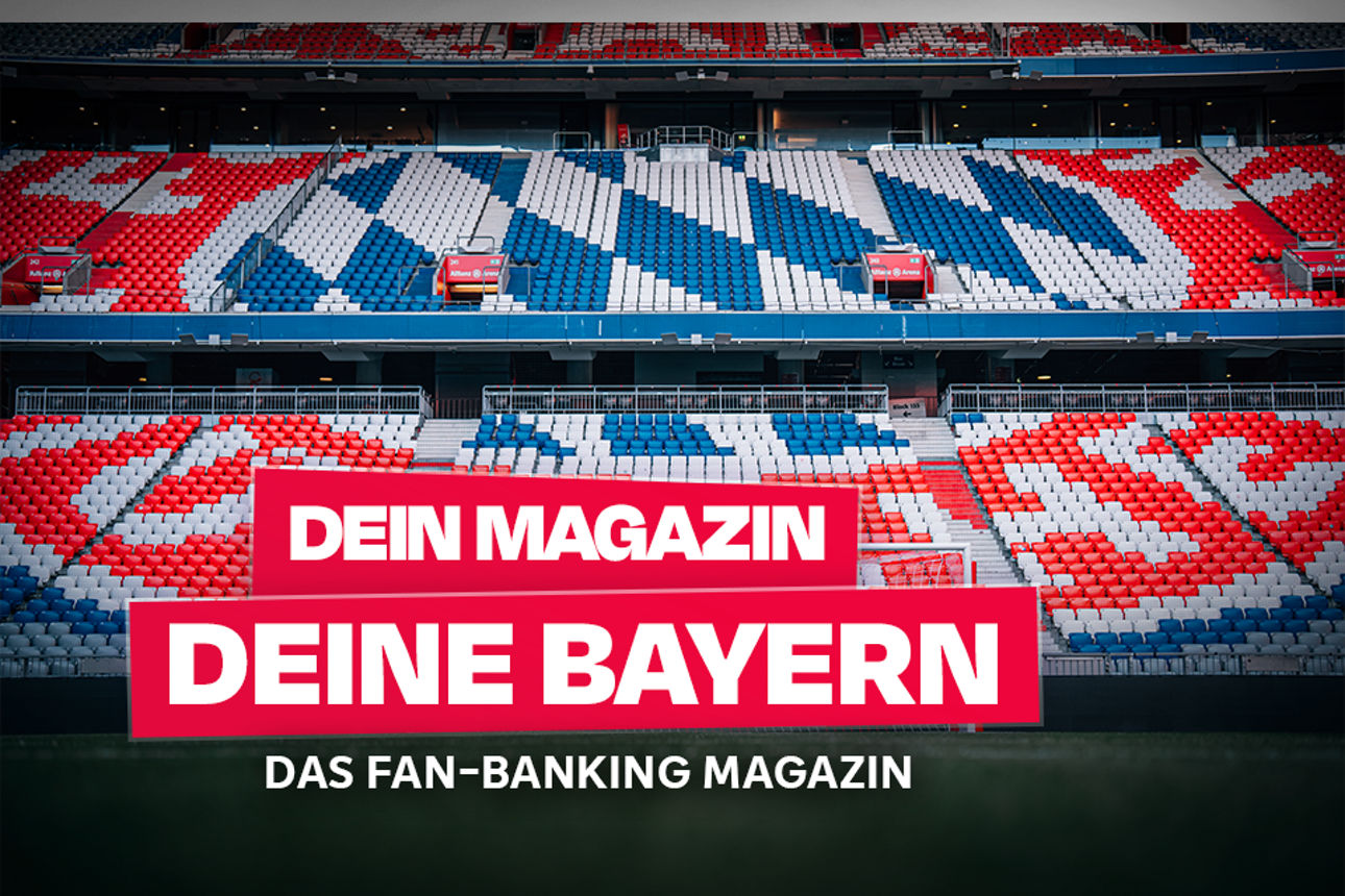 Slogan zum Fan-Banking mit einem Tor und Tribüne der Allianz Arena im Hintergrund