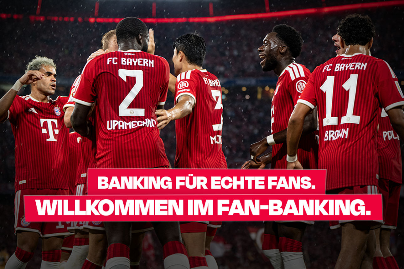 Banner zum Fan-Banking inkl. jubelnde Spieler des FC Bayern München