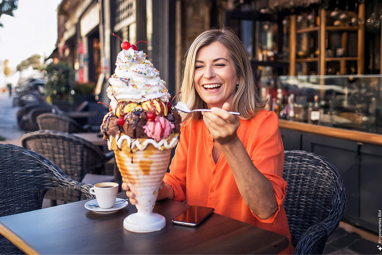 Junge Frau löffelt lachend einen Eisbecher - das Bild wurde mit Hilfe von KI generiert