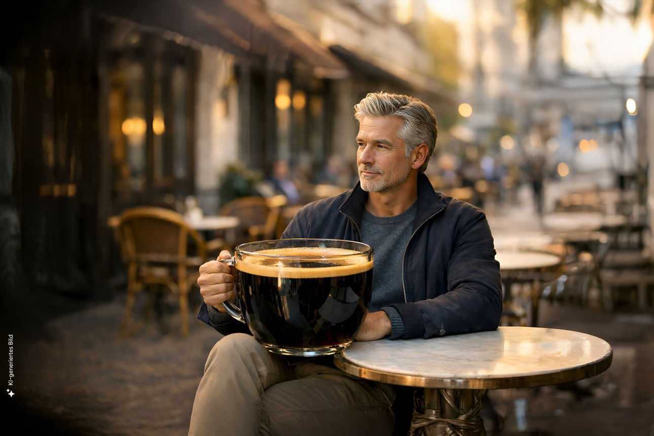 Mann sitzt mit riesen Kaffeetasse im Außenbereich eines Cafés