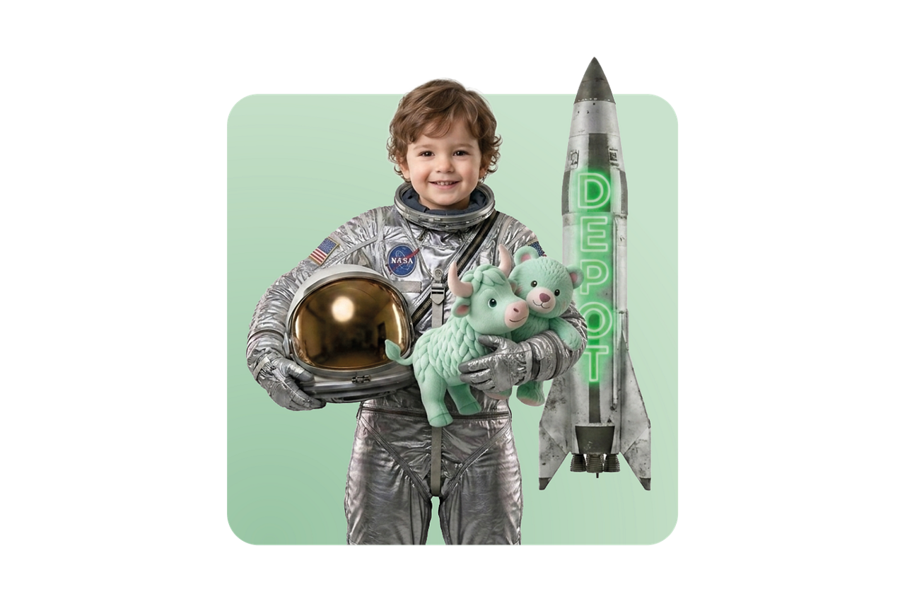 Kind im Raumanzug steht vor Rakete