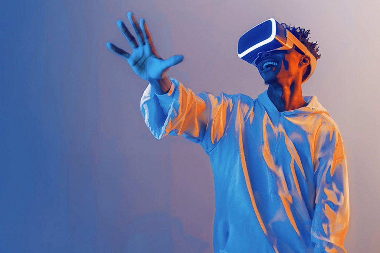 Junger Mann mit VR-Brille greift nach seiner Zukunft, KI-generiertes Bild