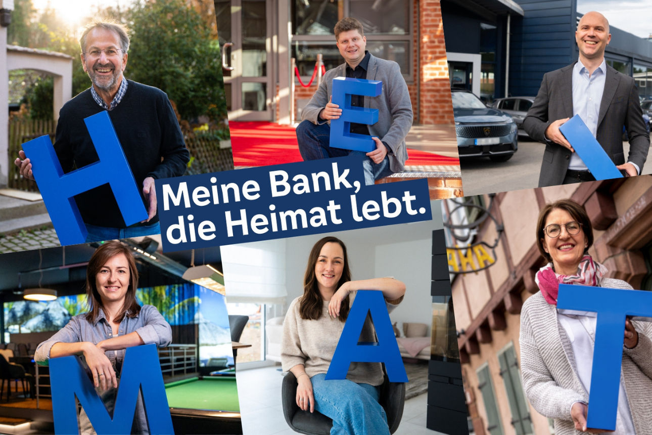 Sechs Menschen aus der Region mit Buchstaben in der Hand. Diese Buchstaben zeigen das Wort Heimat.