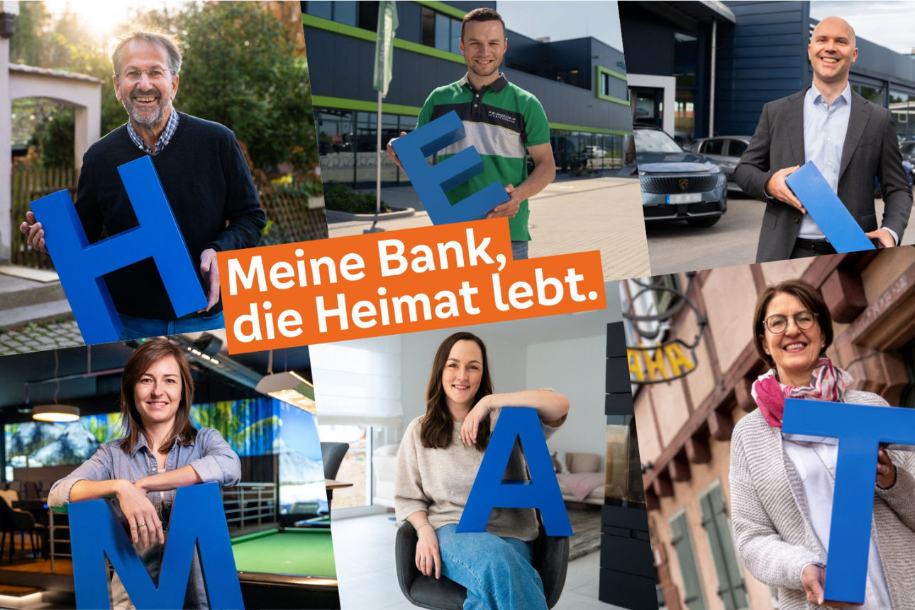 Sechs Menschen aus der Region mit Buchstaben in der Hand. Diese Buchstaben zeigen das Wort Heimat.