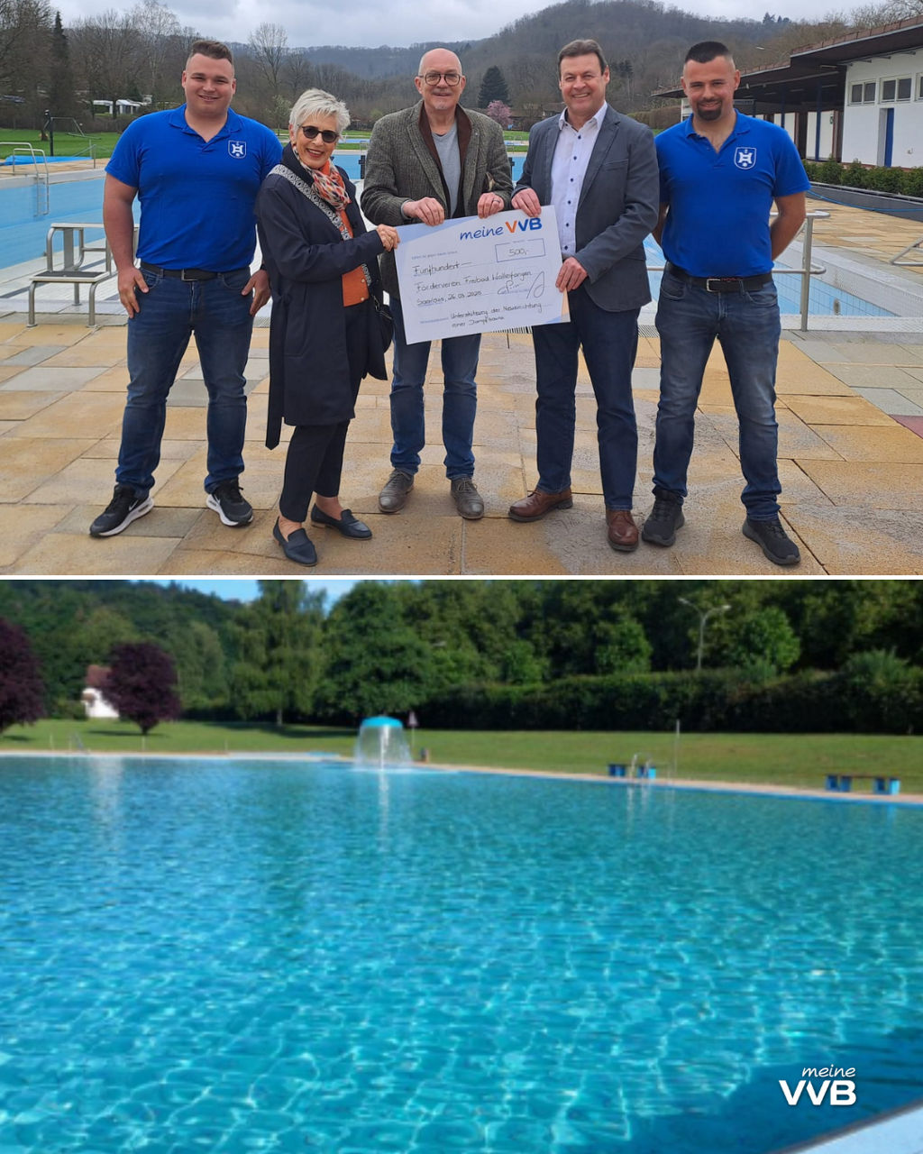 4 Personen vom Schwimmbad Wadgassen und 1 Person von der VVB mit einem Spendenscheck